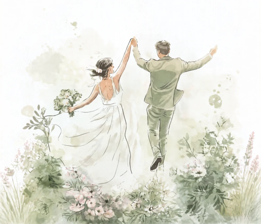 Watercolor illustration of a bride and groom dancing among flowers